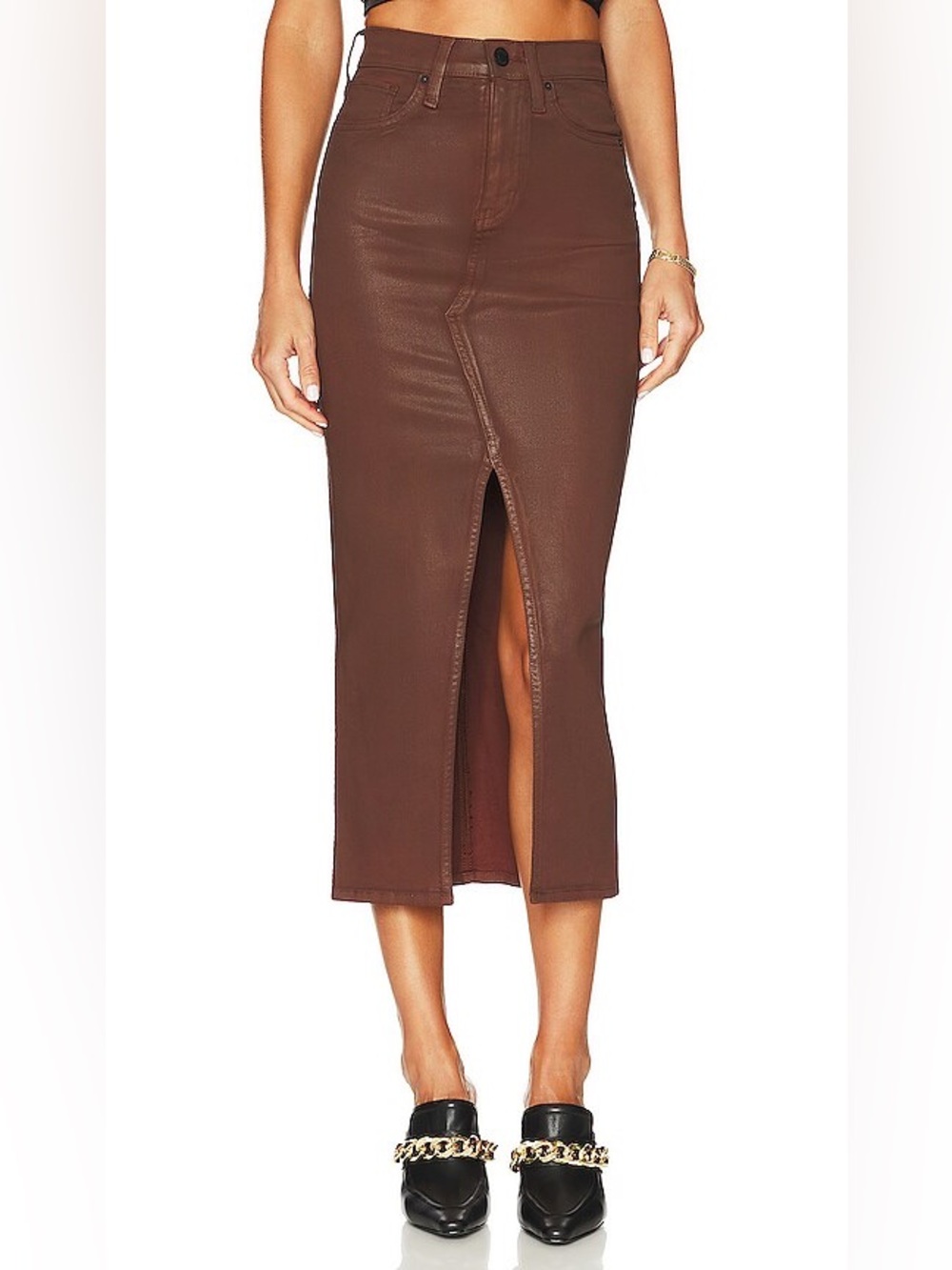 Hudson Jeans Brown High-Waist Midi Pencil Skirt with Front Slit